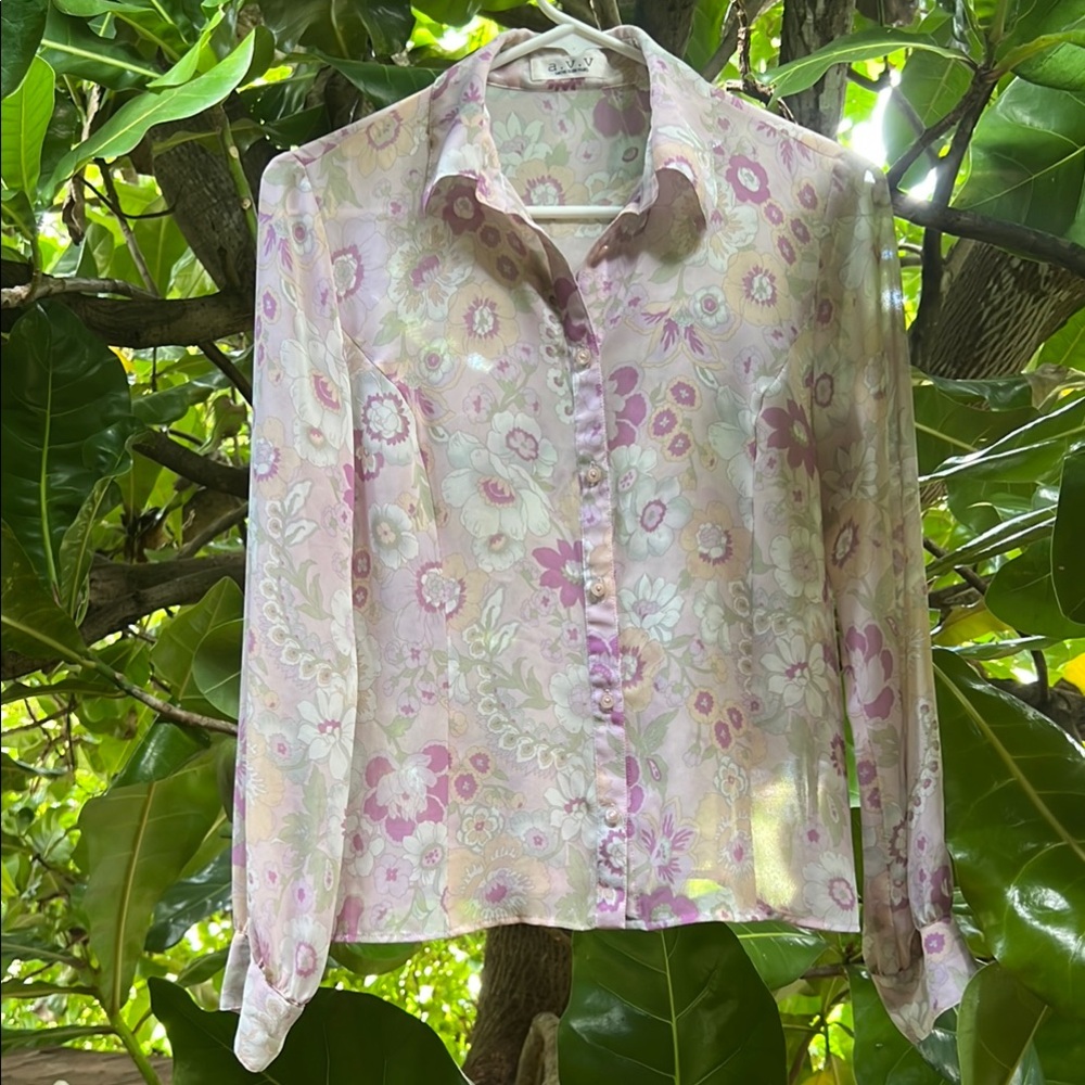 Michel Klein Paris Lavender Cream Sheer Floral Button Down